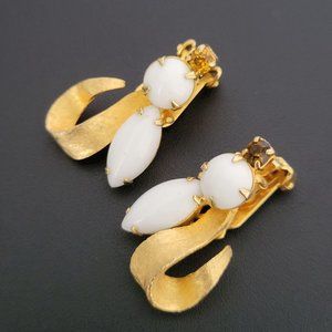 Joan Bari White Beaded Crystal Clip On Earrings Prong Set Brushed Gold Tone 1"